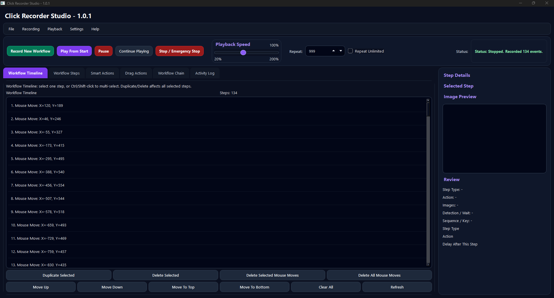Click Recorder Studio workflow timeline with recorded steps