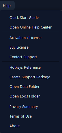Help menu showing built-in support options