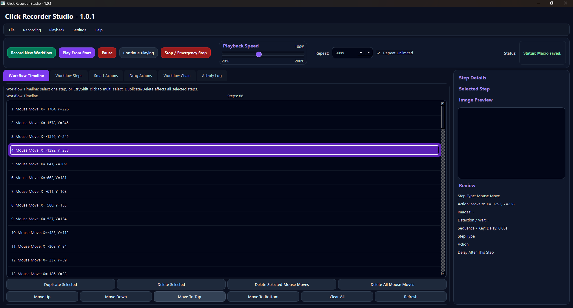 Workflow Timeline with selected step details